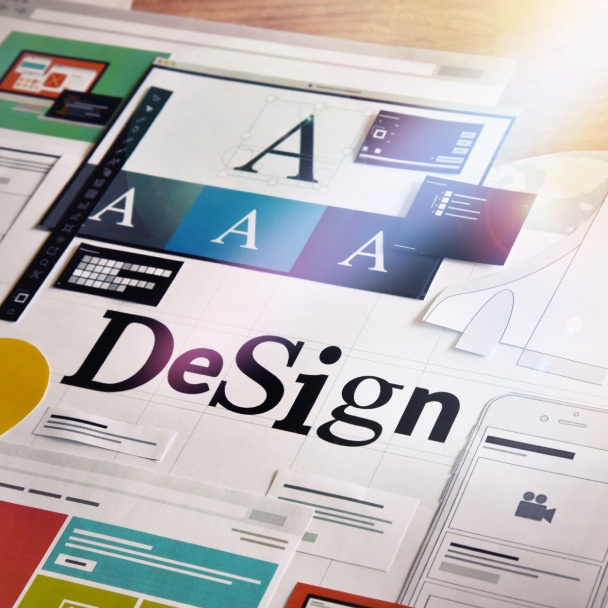 A collage of design elements, featuring typography, color blocks, wireframes, and tools, centered around the word DeSign